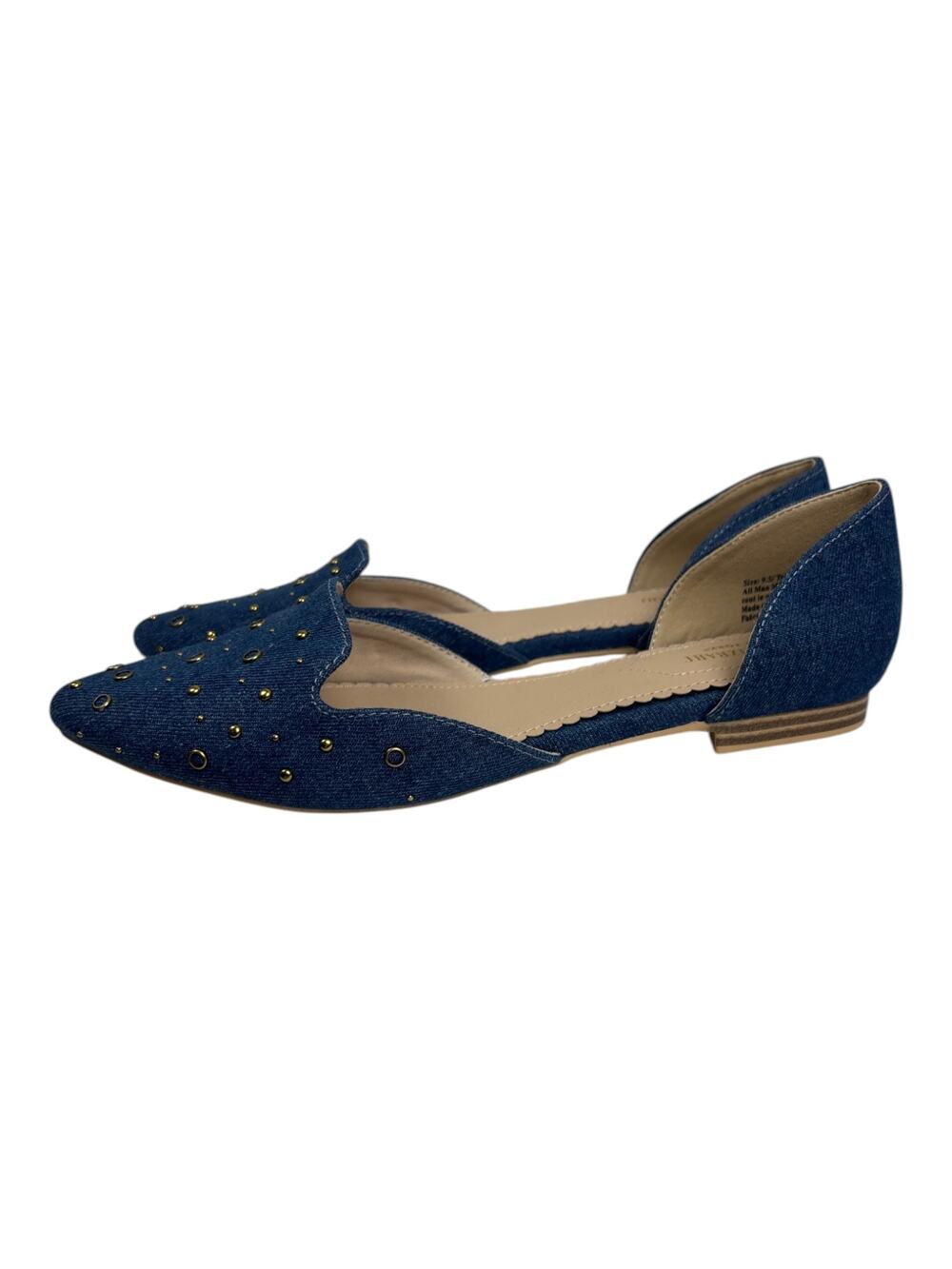 Isaac Mizrahi blue denim flats with gold stud accents scalloped insole and sides